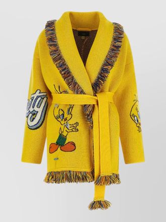 Alanui virgin wool jacquard belted fringed cardigan