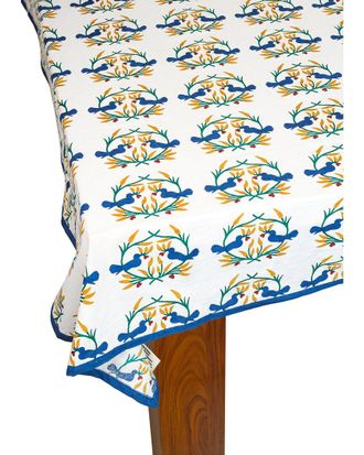 Tiramisu Bluebird Blooms Block Print Cotton Tablecloth