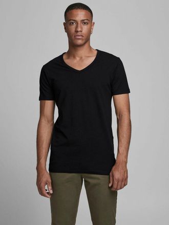 Jack & Jones T-Shirt JACK & JONES SLIM- FIT BASIC TEE V-NECK, Herren, Gr. S, schwarz, Jersey, Obermaterial: 92% Baumwolle, 8% Elasthan, unifarben, schmal h&uuml;ftbedec