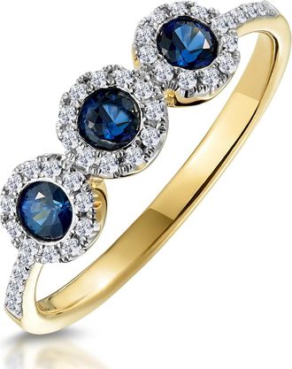 The Diamond Store Sapphire and Lab Diamond Halo Trilogy Ring 9K Gold - Asteria