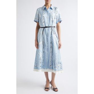 Altuzarra Kiera Fishnet Print Belted Silk Shirtdress in Vapor Fishnet at Nordstrom, Size 38