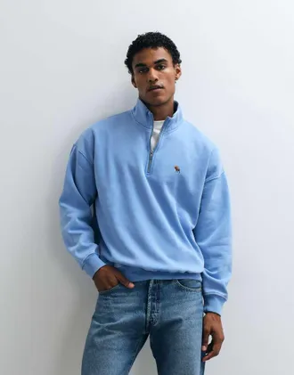 Abercrombie & Fitch felpa oversize con logo icon e zip corta in blu slavato