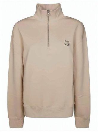 Maison Kitsuné Long-Sleeve Half-Zip Pullover With Emblem And Ribbed Cuffs