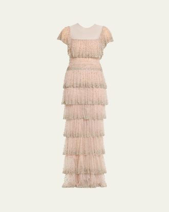 Costarellos Jesenia Crystal Ruffle Square-Neck Illusion Gown