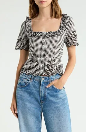 Reformation Gabbie Gingham Embroidered Woven Top in Remy Check at Nordstrom, Size 12