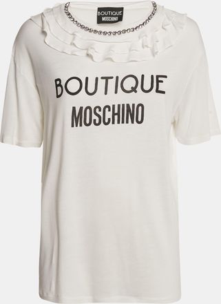 Moschino Boutique Moschino White Logo Print Jersey Crystal Embellished And Ruffled T-Shirt