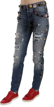 Dolce & Gabbana Womens Distressed Embellished Buttons Jeans Blue Cotton