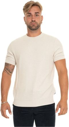 HUGO BOSS Rondgebreide trui met korte mouwen - Heren - Ronde hals truien - Beige - 3XL - Katoen - Truien & Vesten