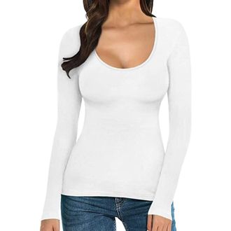 Generic Long Sleeve Tops Women Stretchy Topss Slim Fit Casual T Shirts Scoop Neck Y2K Crop Tops Ladies Basic Club Party Streetwear (White, L)