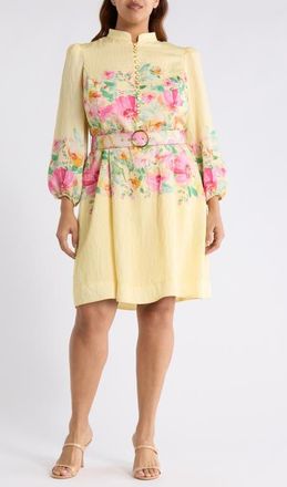 Tahari by ASL Placed Floral Long Sleeve Dress in Buttercup Multi at Nordstrom, Size 18W