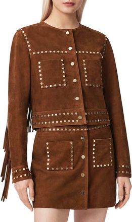 AllSaints Alice Fringe Suede Western Jacket in Cognac Brown at Nordstrom, Size 10 Us