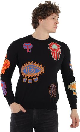 Roberto Cavalli Mens Black / Multicolor Bandana Symbol Instarsia Sweater, Size Medium