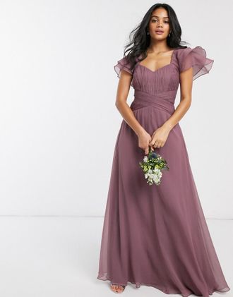 Asos Bridesmaid short sleeve ruched maxi dress-Purple
