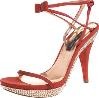 Sergio Rossi Red Suede Crystal Embellished Ankle Strap Platform Sandals