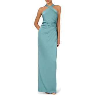 Adrianna Papell Ruched Drape Stretch Satin Gown in Blue Heaven at Nordstrom, Size 12