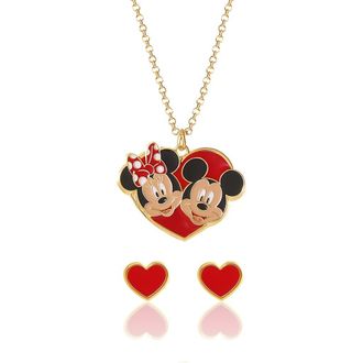 Disney Mickey & Minnie Heart Necklace and Stud Earrings Set in Red/black at Nordstrom