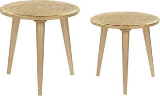 Beliani Beliani - Nest of 2 Side Tables Gold Mango Wood Carved Floral Pattern Distressed Effect Narra