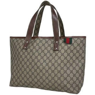 Gucci Beige Brown Coated Canvas Leather Tote Bag (Pre-Owned)