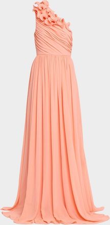 Badgley Mischka Pleated One-Shoulder Georgette Gown