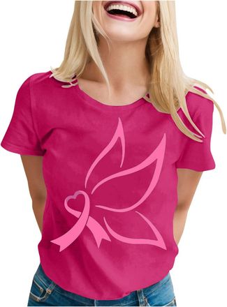 Generic Breast Cancer T Shirts Women Pink Ribbon T Shirt Awareness Month T-Shirt Ribbon Shirt Gifts Short Sleeve Tops Breast Cancer T Shirts