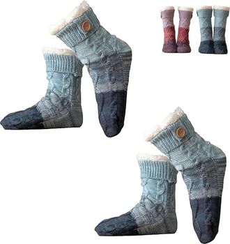 Generic Knitted Ultra-Thick Slipper Home Socks, Women Fuzzy Warm Slipper Sock Tri-color Knit Patchwork Non-Slip Warm Winter Socks (Blue*2)
