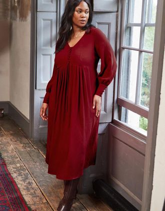Live Unlimited London Womens Dark Red Lace Up Blouson Sleeve Midi Dress - Size: 18
