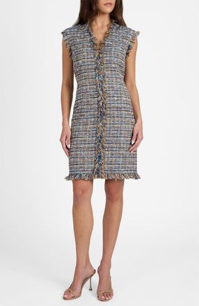 Santorelli Tuscany Cap Sleeve V-Neck Sheath Tweed Dress in Indigo at Nordstrom, Size 12