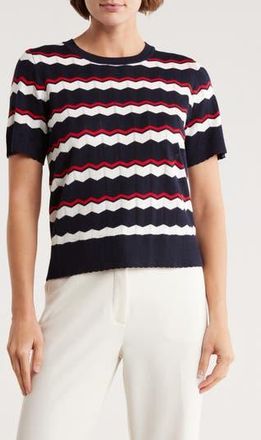 Adrianna Papell Wavy Stripe Pointelle Short Sleeve Sweater in Navy/Ivory/Red at Nordstrom Rack, Size X-Large