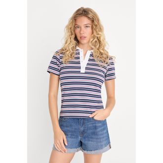 Good American Womens The Easy Polo | Americana Horizontal Stripe, Size Medium | Good American by Khlo&Egrave; Kardashian