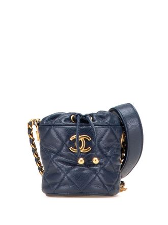 Chanel 2021-2025 Mini Quilted Caviar Medallion Charms Drawstring bucket bag - Blue
