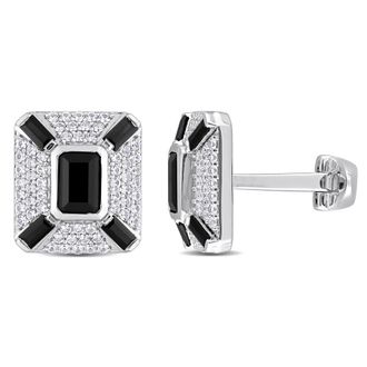 Amour 5-4/5CT TGW Octagon and Baguette-cut Created Black Sapphire and White Sapphire Cufflinks In Sterling Silver