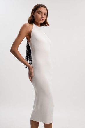 Karen Millen Womens Viscose Blend Slinky Sheer Lace Back Detail Knit Midi Dress - Cream - Size X-Small