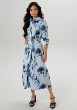 Aniston Blusenkleid ANISTON SELECTED, Damen, Gr. 38, N-Gr, weiss (hellbau, wei&szlig;, dunkelblau), Web, Obermaterial: 100% Baumwolle, gebl&uuml;mt, gemustert, gestreift