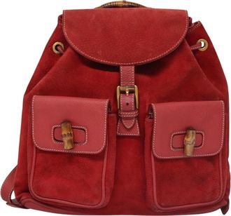 Gucci Vintage Bamboo Backpack Suede And Leather Red Suede Backpack Bag (Pre-Owned)
