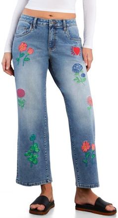 BILLY T Blossom Embroidered Ankle Wide Leg Jeans in Relaxed Blue at Nordstrom, Size 25