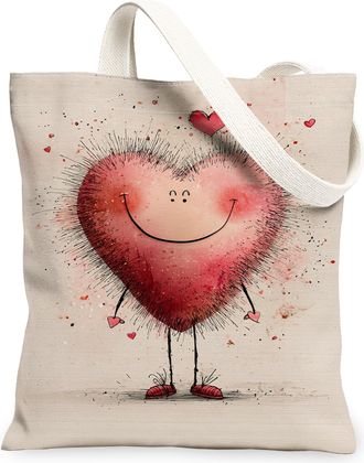 Generic Cute Heart Canvas Tote Bags, Fun Love Design Reusable Grocery Bags, ValentineS Lightweight Washable Shoulder Strap for Tra, Peach, 13x15 Inch