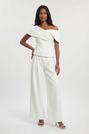 Karen Millen Womens Petite Compact Viscose Stretch Tailored Wide Leg Trouser - White - Size 16 UK