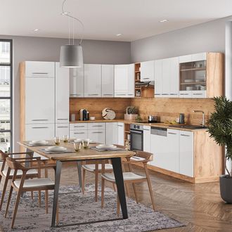 Vicco Cocina Esquinera Fame-line, Blanco Alto Brillo/roble Dorado, 347 X 257 Cm Sin Encimera, Vicco