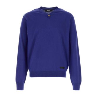 Versace Round-neck Knitwear, male, Blue, Size: XL Silk-Cotton Knit V-Neck Sweater