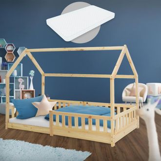 ML Design Ml-design - Cama Infantil Natural Con Colch&oacute;n De Espuma Fr&iacute;a 90x200 Cm Protecci&oacute;n Antica&iacute;da Techo Somier Estructura Listones De Madera Maciza De Pino 
