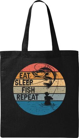 Generic Eat Sleep Fish Repeat Faded Poster Art Natural Ecological Cotton Tote Bag Black