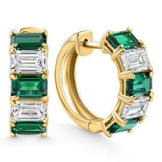 Pompeii3 6Ct Emerald & Diamond Hoops 14k Yellow Gold Lab Grown 3/4 Tall