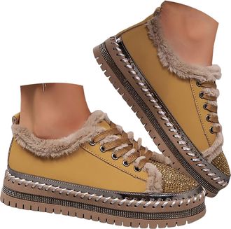 Generic Rhinestone Sneakers for Women Plush Lined Warm Platform Walking Shoes Casual Round Toe Non Slip Lace up Fuzzy Sneakers Wedding Bridal Party Sparkly Gl