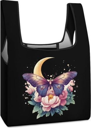 Generic Moth Butterfly Moon Flowers Shopping Bag Reusable Grocery Tote Bag Foldable Handbag for Travel Picnic