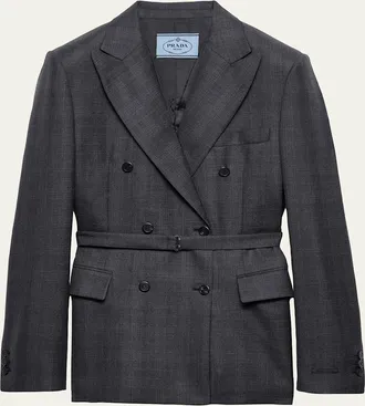 Prada Belted Checked Wool Double-Breasted Jacket