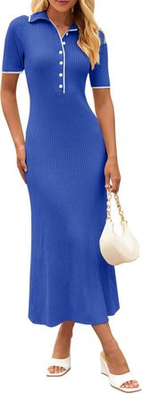 Merokeety Womens V Neck Ribbed Knit Maxi Dress Button Short Sleeve Slim Fit Bodycon Sweater Dress, Kleinblue, S