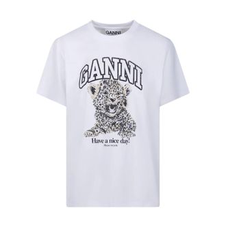 Ganni T-Shirts, female, White, XS, Basic Jersey Leopard Relaxed T-Shirt