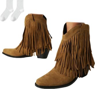 Generic Womens Ankle Boots with Fringes, Fashionable Ankle Boots with A Pointed Toe And Block Heel in A Suede Look, Comfortable Short Boots for Everyday Wear,