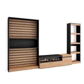 Skraut Home Muebles De Sal&oacute;n Para Tv, Conjunto De Muebles Comedor, 320x186x35cm, Chimenea El&eacute;ctrica, Estilo Moderno, Roble Y Negro - Skraut Home
