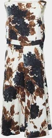 Giambattista Valli White Abstract Botanical Print Linen Midi Dress